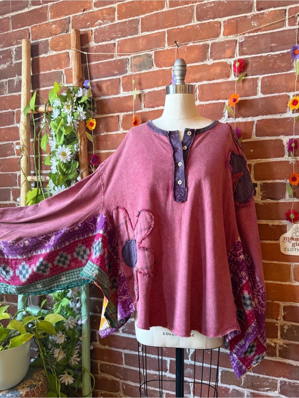 NWOT Mountain Girl Clothing Boho Patchwork Long-Sleeve Top - Rose